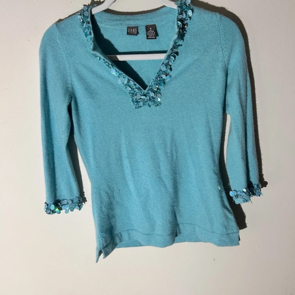 Saks Fifth Avenue Teal Embellished Cashmere Sweater Sz Small VGUC - Picture 2 of 12